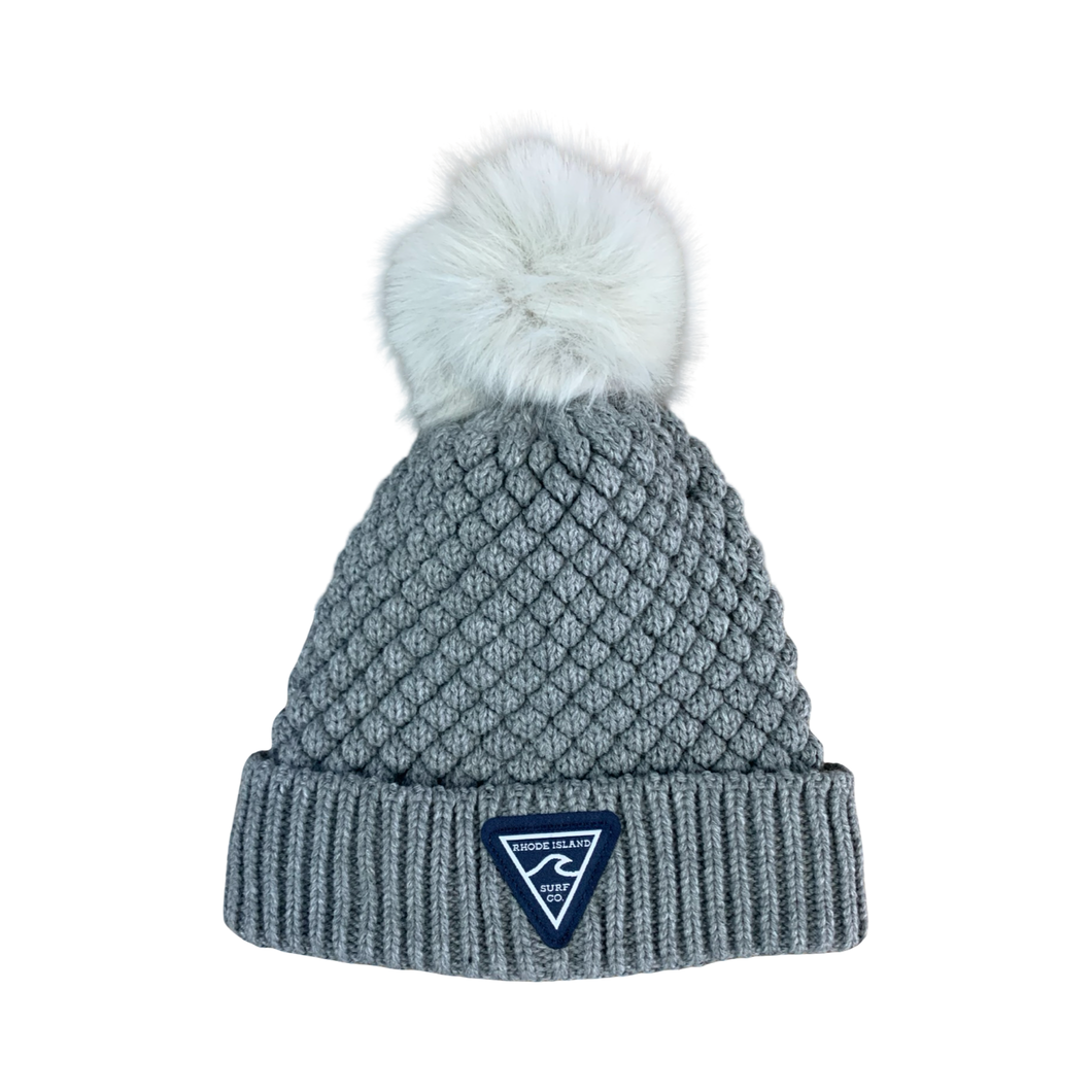 Diamond Knit Fur Pom Beanie - Rhode Island Surf Co. (Heather Grey/Snow)