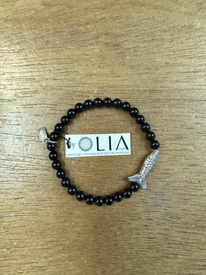 Sterling Silver Fish Black Onyx Beads Bracelet - Olia