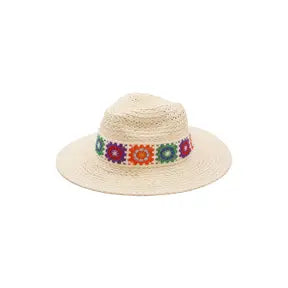 Floral Crochet Band Summer Straw Hat- Beige