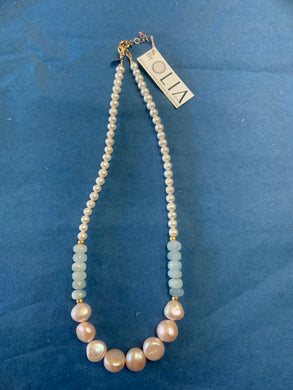 14KGF Chain Freshwater Pearls Aquamarine Necklace - Olia