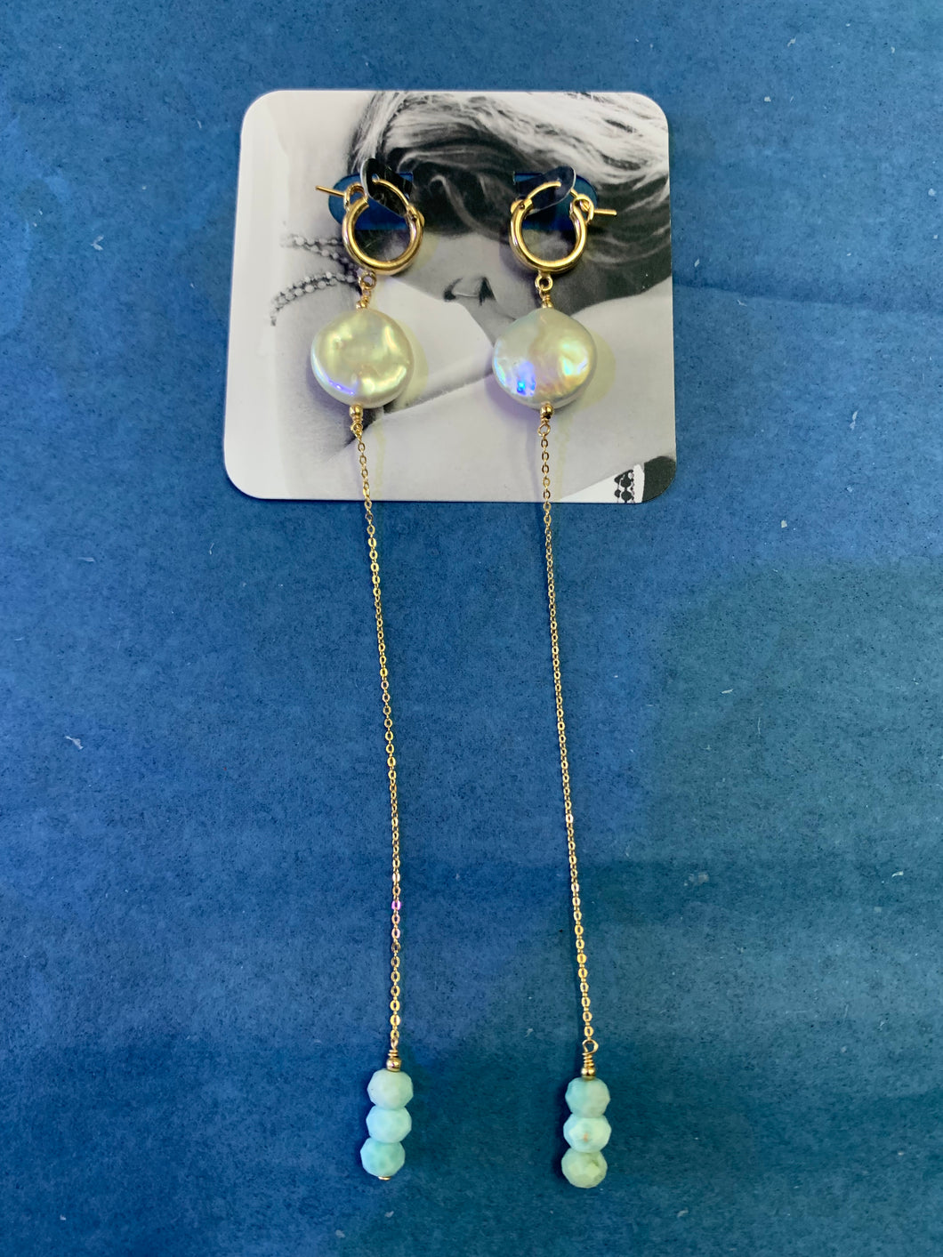 14KGF Freshwater Pearl & Larimar Earrings - Olia